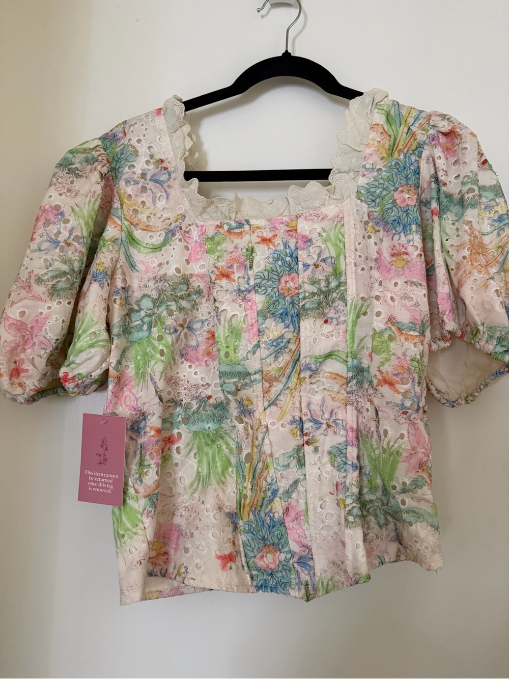 Floral Eyelet Puff-Sleeve, Corset Blouse - Pink Multicolor